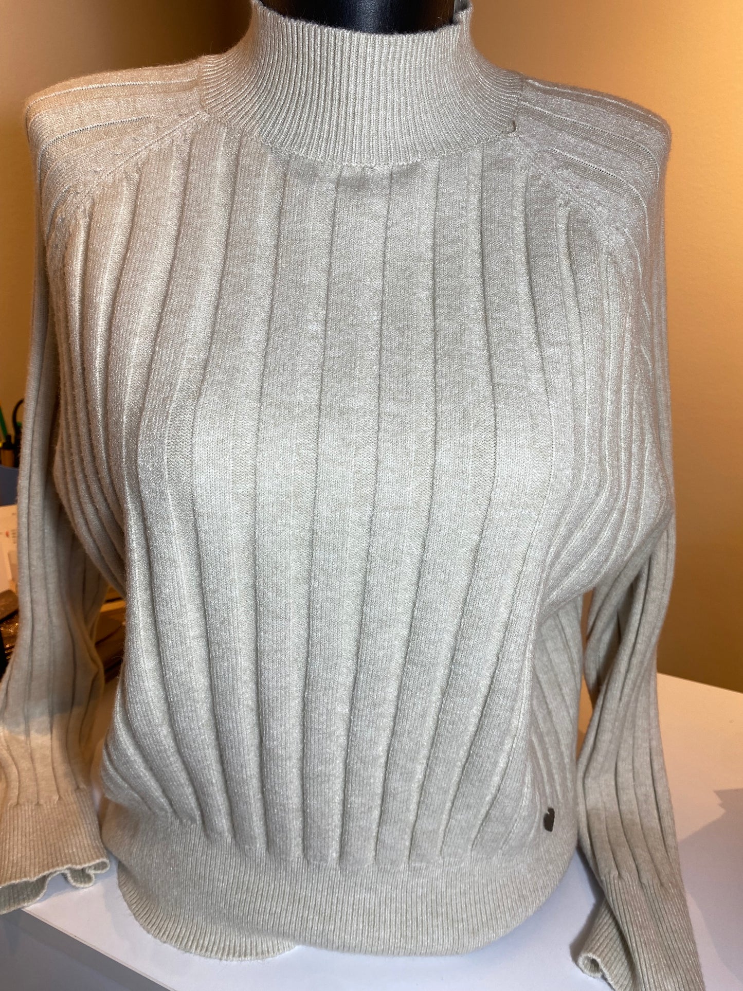 Beige trui met opstaande kraag en brede ribbel