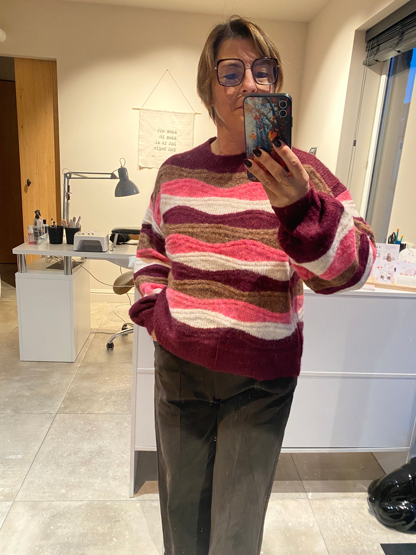 Trui nmet streep - bordeaux/bruin/roze/ecru