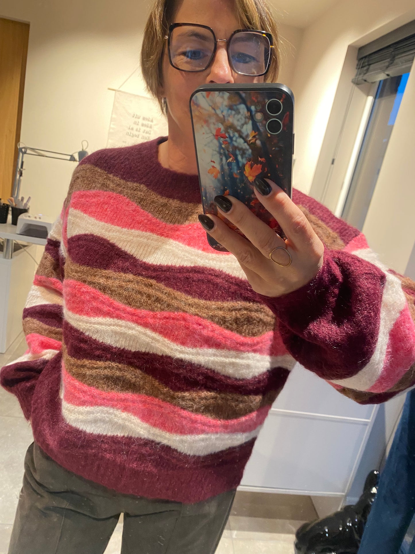 Trui nmet streep - bordeaux/bruin/roze/ecru