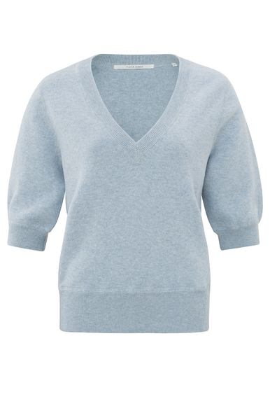 Zachte trui met korte mouw en v-hals - xenon blue melange
